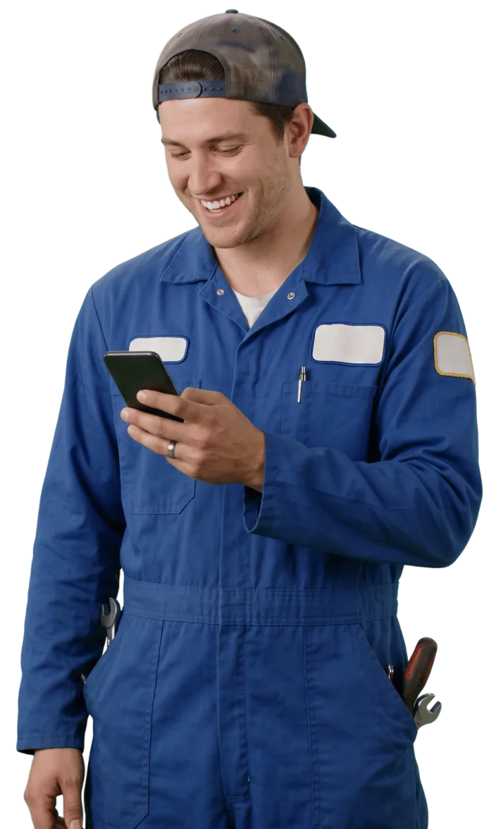 Mecánico sonriendo mientras aprende mecánica automotriz desde su móvil con DocuMotors